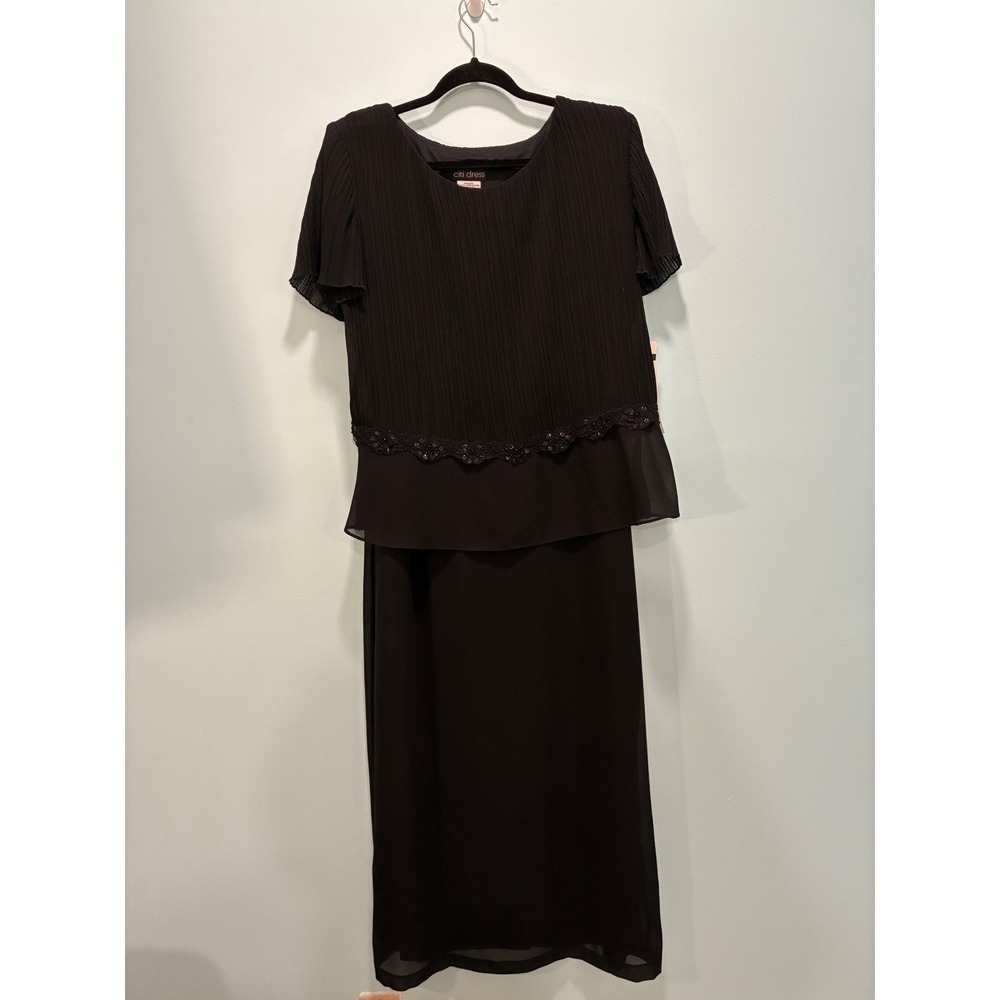Citi Dress Womens Black Pleated Sequin Lace Trim Maxi Dress Size 16 NWT
